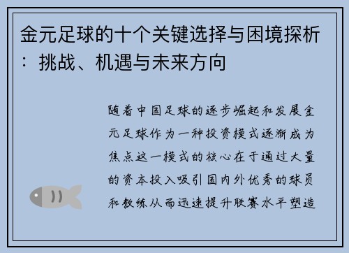 金元足球的十个关键选择与困境探析：挑战、机遇与未来方向