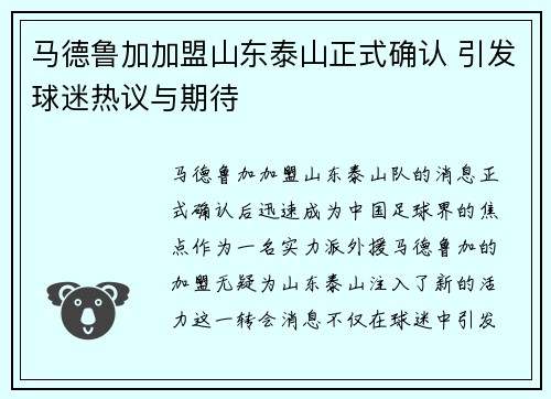 马德鲁加加盟山东泰山正式确认 引发球迷热议与期待